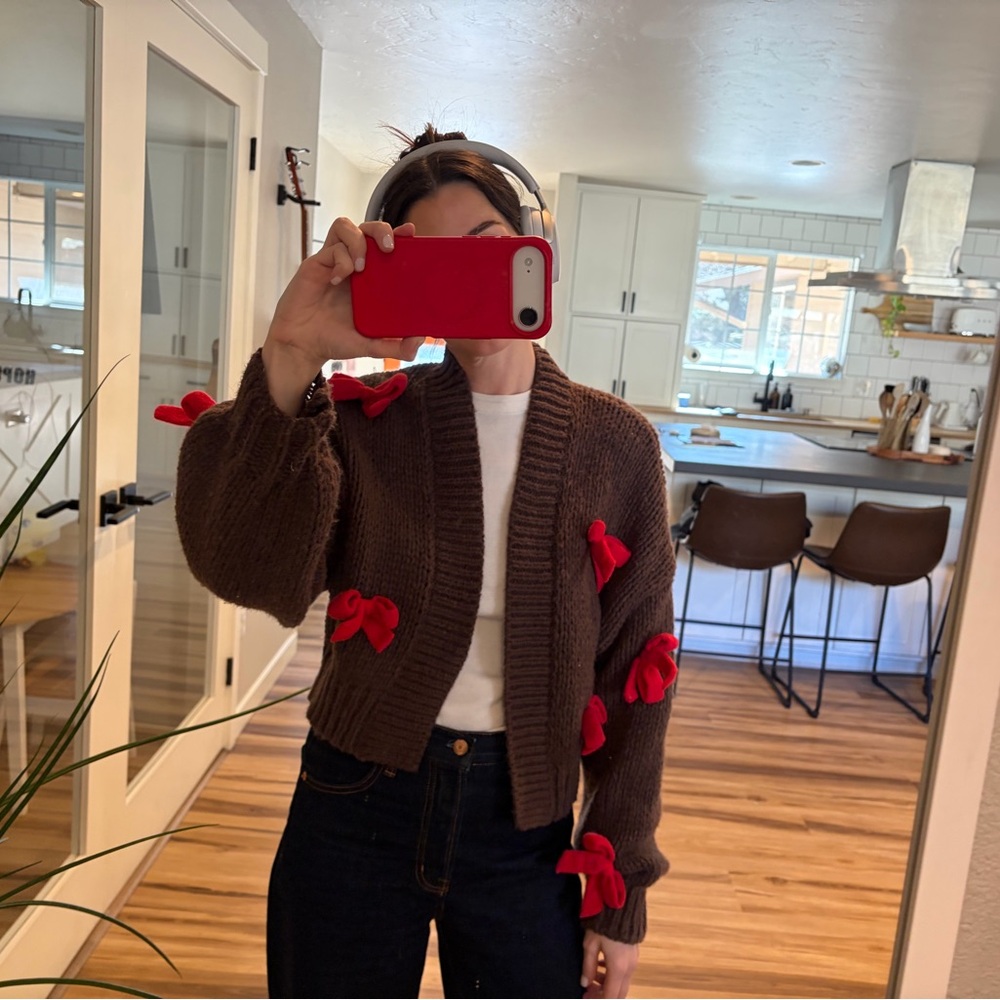 Anthropologie Brown Cardigan with Red Bow Accents